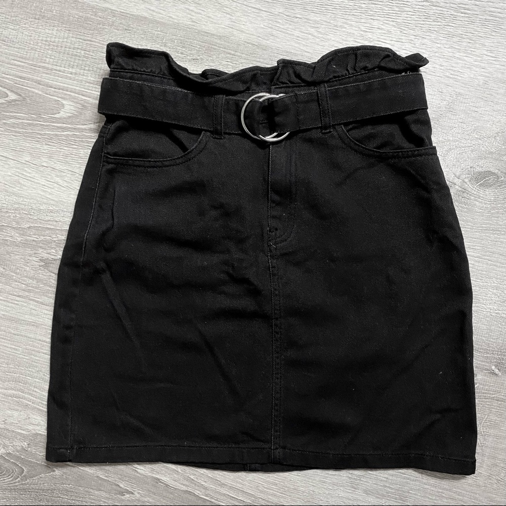 H&M black belted high waisted denim mini skirt